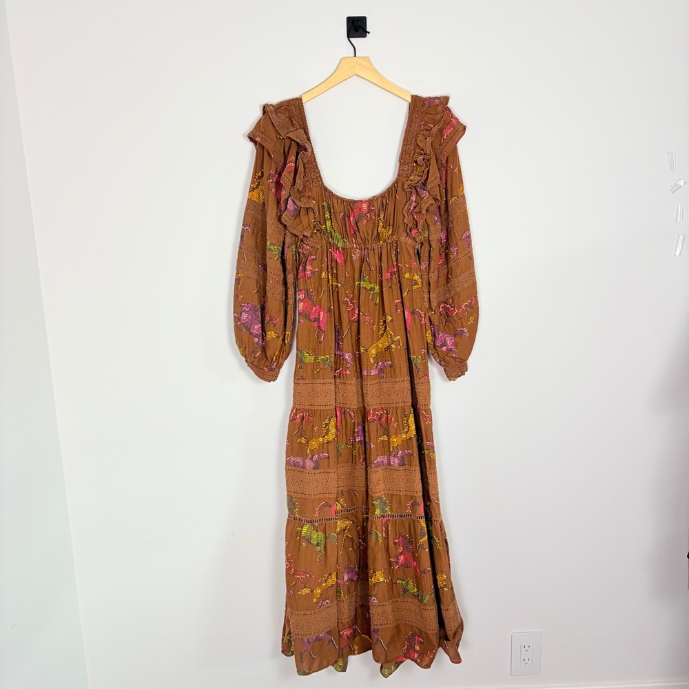 Farm Rio Dotted Horse Tiered Maxi Dress Small Ruffle Eyelet Coastal Boho Prairie - Picture 9 of 10